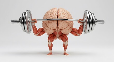 Brain lifting barbell in white background. Muscular arms & legs symbolize mental strength, cognitive training, and intelligence. Concept for learning, memory, focus. Motivational, fitness for the mind