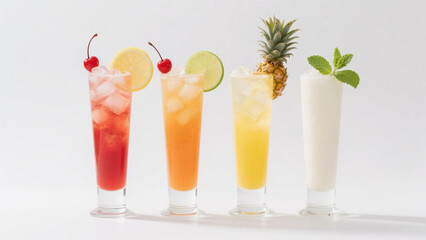 Colorful Cocktail Drinks with Fruit Garnishes on White