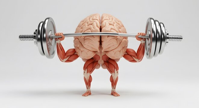 Brain lifting barbell in white background. Muscular arms & legs symbolize mental strength, cognitive training, and intelligence. Concept for learning, memory, focus. Motivational, fitness for the mind