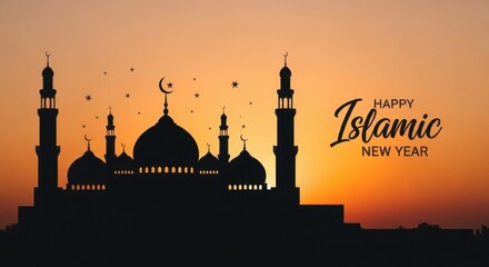 Beautiful Islamic New Year Greeting with Mosque Silhouette at Sunset