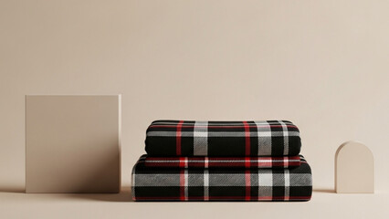 Two folded plaid blankets are stacked neatly png