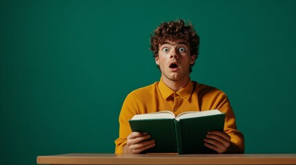 Surprised Student Reading Book - Young man with curly hair looks shocked while reading a book, sitting at a wooden desk against a green background
