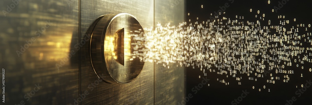 Aufkleber vault data stream - a golden vault releases binary code, symbolizing data security, information flow