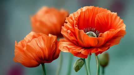 Obraz premium Three orange flowers are in a vase. The flowers are in a green background