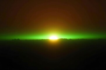 Dramatic Green Sunset Glow over Mountain Range Landscape ai generated