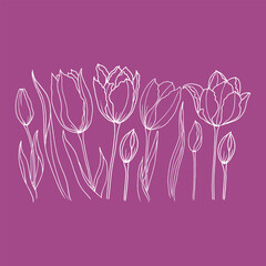 Silhouettes of tulips. Contrasting image of tulips on red background. Cute ornament for wallpaper, fabric, card.