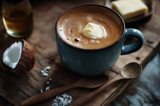 Close-up shot of a steaming cup of bulletproof coffee with a rich, creamy foam top, next to fresh butter, coconut oil, on a rustic wooden table.