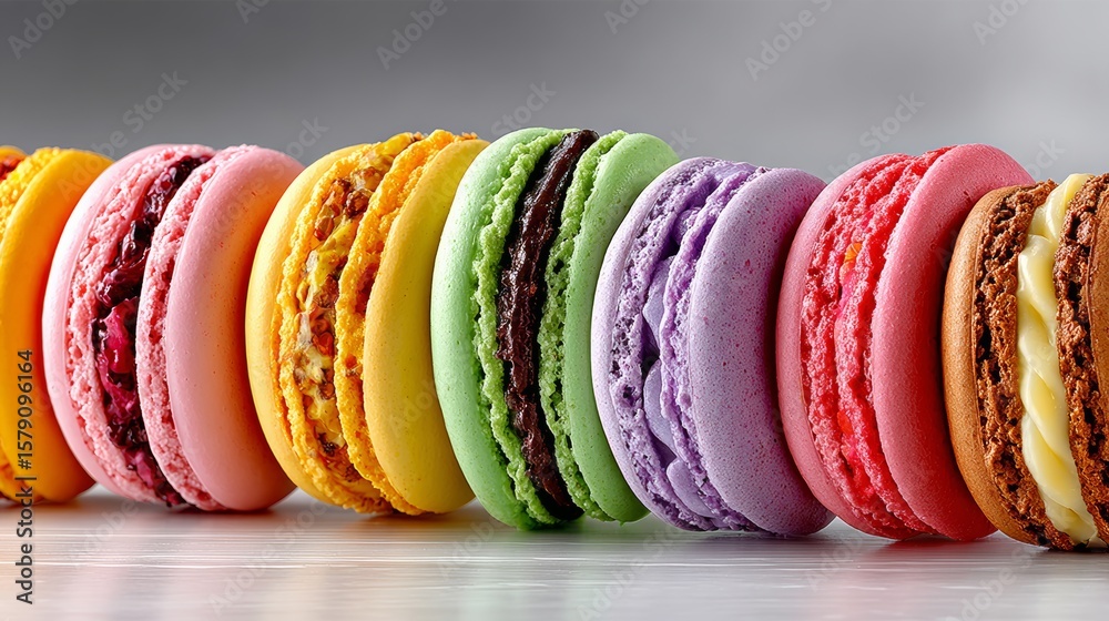 Poster row of colorful macarons are displayed on a table. the macarons are arranged in a line, with each on