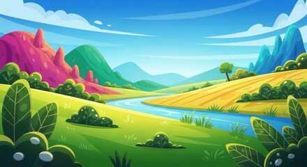 Vibrant Cartoon Landscape with Winding River and Rolling Hills Under a Bright Blue Sky