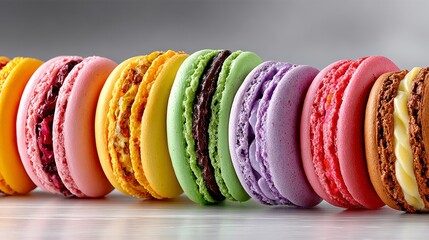 Row of colorful macarons are displayed on a table. The macarons are arranged in a line, with each one having a different color and flavor. The variety of colors
