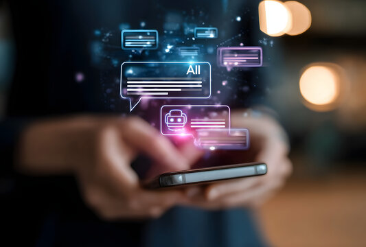 AI chatbot virtual assistant technology concept. Person using smartphone chat with AI chatbot that has dialogue bubbles, representing artificial intelligence, help, smart customer service technology, - Powered by Adobe