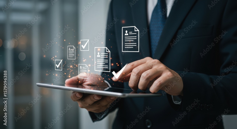 Poster Business professional completing tasks on tablet. Digital checkmarks and document icons for productivity. Modern workspace with efficient workflow.