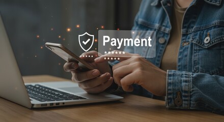 Secure online payment with smartphone and laptop. Digital shield and checkmark for transaction safety. Modern financial technology concept.