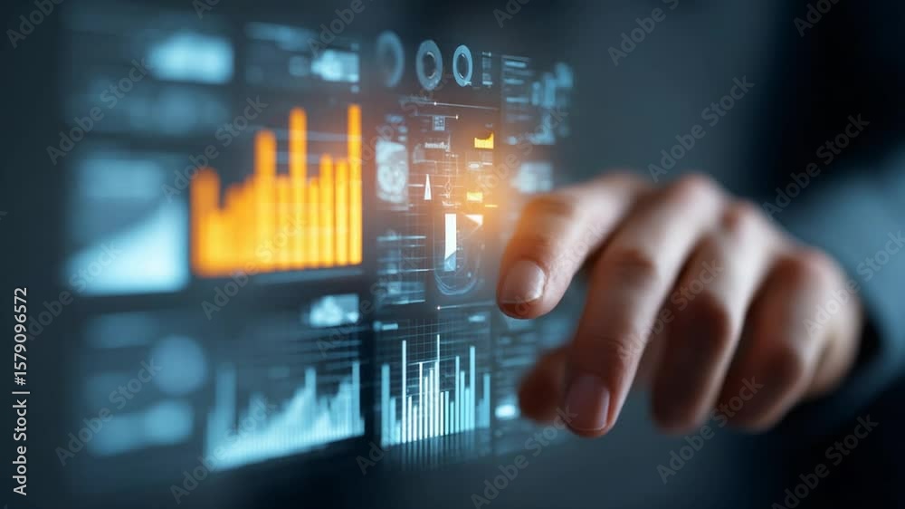 Poster data analysis: digital interface and hand interacting with charts and graphs