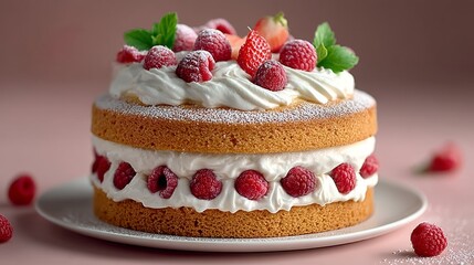 White cake with strawberries and raspberries on top. The cake is sitting on a plate with a few raspberries around it