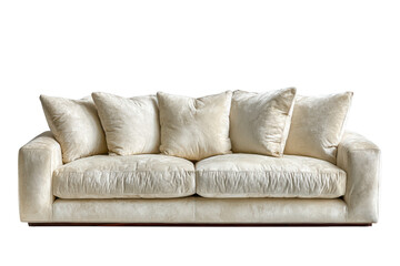 Fototapeta premium Modern beige sofa with plush cushions isolated on transparent background