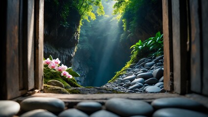 Obraz premium Orchid and rock path through canyon seen from wood doorway