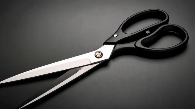 Open steel scissors with black handles resting on a matte black background, angled perspective creating depth, cutting tool.