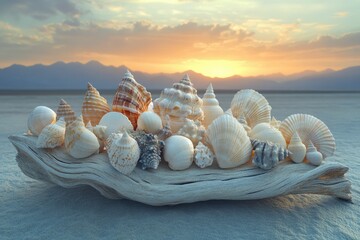 Seashells arranged on driftwood at sunset, showcasing ocean beauty.