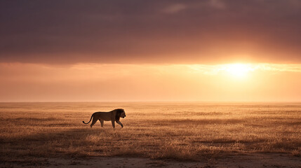 Lion walking savanna sunrise wildlife photography nature african safari animal predator sunset landscape