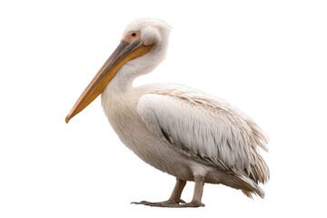 A white pelican with a long beak standing against a black background in a side view shot