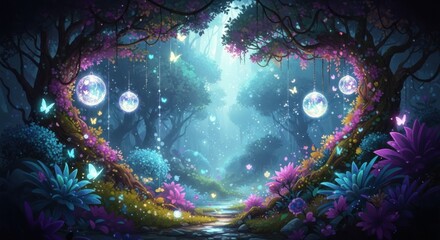 Enchanting Fairy Forest Entrance Bathed in Mystical Moonlight and Glowing Orbs