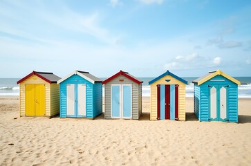 Colorful Beach Huts on Sandy Shore Summer Scene ai generated