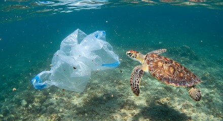 Naklejka premium White plastic trash floating near a sea turtle underwater. Depicts ocean pollution, marine conservation, ecological threat to wildlife. Environmental issue, global problem. 