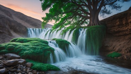 Waterfall with Tree Growing on Top - Scenic Landscape