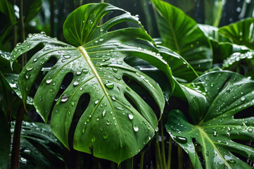Fototapeta premium monstera leaf with water drops