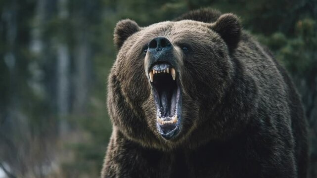 Grizzly bear roaring in forest