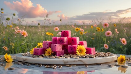 Dragon fruit cubes with sunflower in field