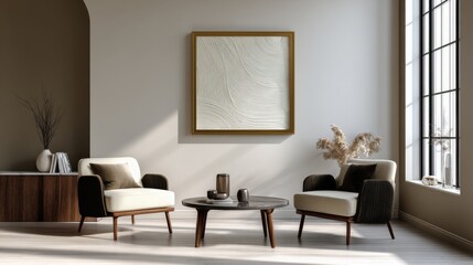 Modern living room interior two armchairs coffee table abstract art and natural decor