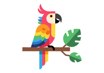Colorful parrot illustration perched on a branch with a large leaf