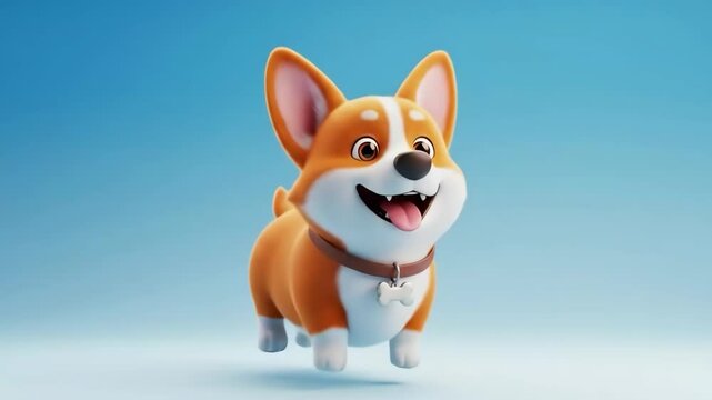 Joyful Corgi Zoomies Cute Cartoon Dog Leaping on Blue Backdrop.