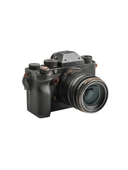 Isolated image of a vintage black camera with lens and dials on a plain black background