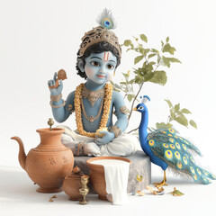 Child krishna with blue skin color with peacock