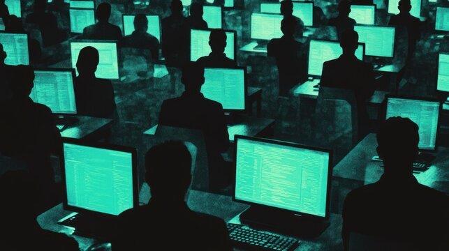 Silhouettes of people at computers in a dark room