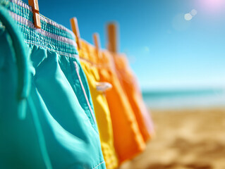 Quick dry swimwear hanging on clothesline, vibrant colors against sunny beach backdrop
