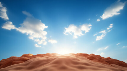 Bright sun rises over sandy dunes under clear blue sky, creating serene landscape