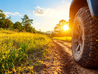 Rugged tire on dirt road at sunset, surrounded by lush greenery and mountains