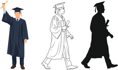Graduation ceremony vector illustration of student with diploma in graduation gown and mortarboard cap vector
