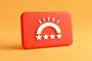 Red badge with rainbow and four stars, symbolizing quality and achievement