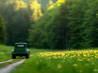 Vintage car drives along scenic trail surrounded by lush greenery and blooming flowers