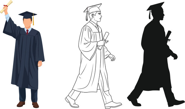 Graduation ceremony vector illustration of student with diploma in graduation gown and mortarboard cap vector