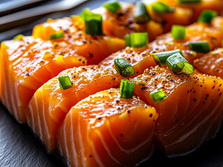 Fresh salmon fillet garnished with green onions, seasoned with pepper, and ready for cooking