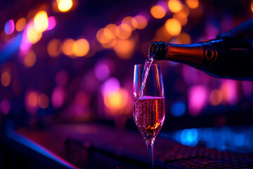Champagne pouring into glass with vibrant neon lights creating festive atmosphere