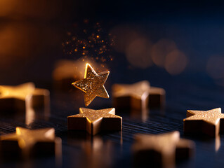 Shimmering golden stars with sparkling effects create magical atmosphere