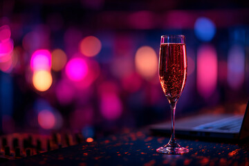 Sparkling glass of champagne sits elegantly table, surrounded by vibrant neon lights
