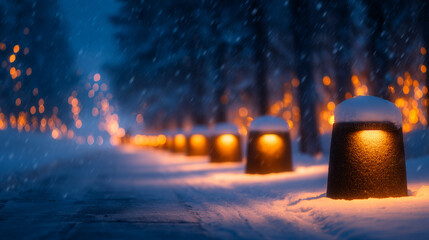 Snowy pathway lined with glowing lights, creating serene winter atmosphere
